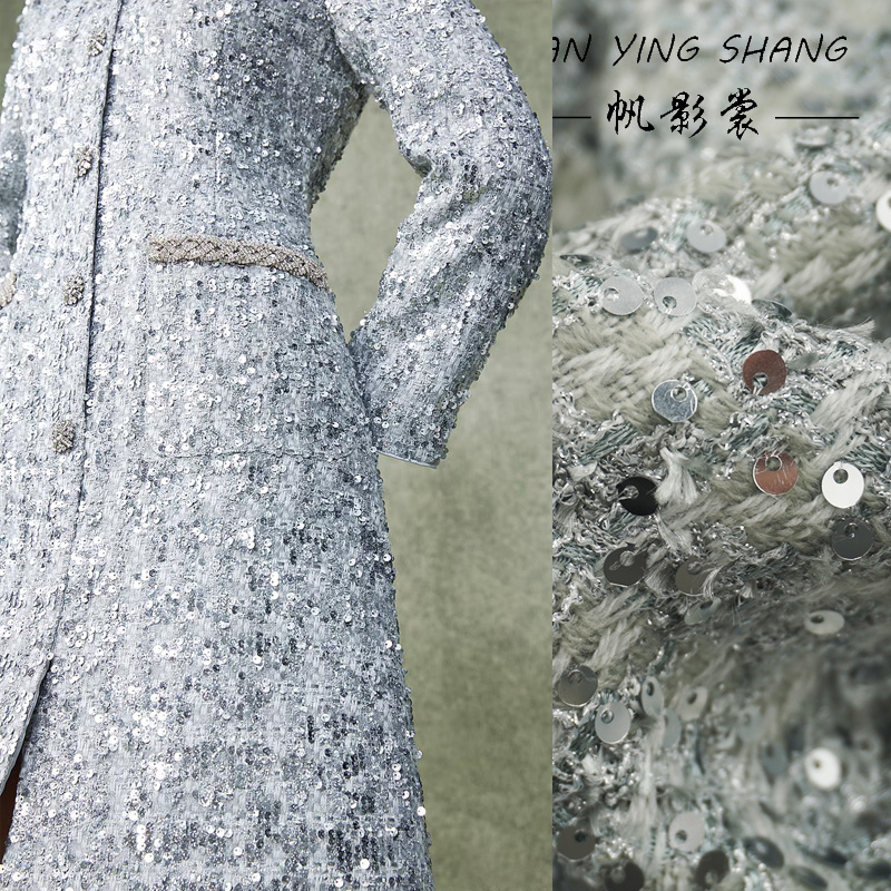 Sewing Tweed - Tissu Tweed Gris Argenté à Paillettes